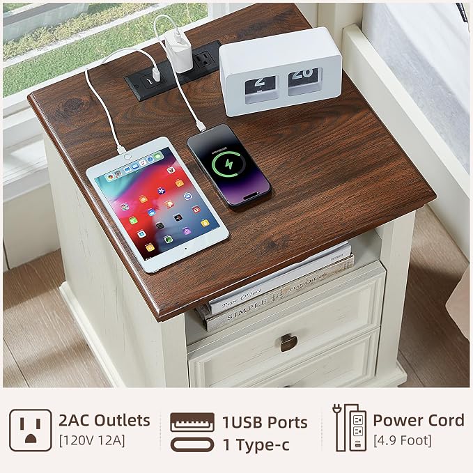 SAVOR LIFE Farmhouse Side Table with Charging Station, Antique Nightstands with Drawers, Bedside Table with Open Shelf for Bedroom, White - Image 3