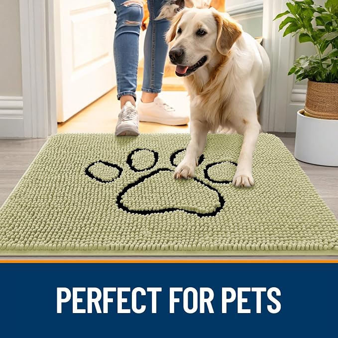 OLANLY Dog Door Mat for Muddy Paws 36x24, Paw Print Design, Absorbs Moisture and Dirt, Absorbent Non-Slip Washable Doormat, Quick Dry Chenille Mud Mat for Dogs, Entry Indoor Entryway Carpet, Vanilla - Image 6