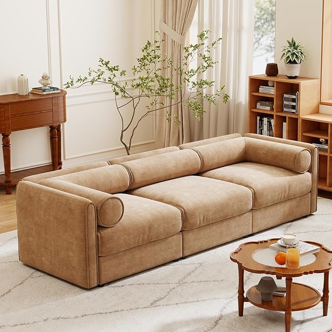 KEIKI 109" Oversized Modular Chenille Sectional Sofa with Storage Seat, Modern Style 3-Seater Couch with Cylindrical Backrest and Armrests, Easy Assembly, for Apartment, Living Room, Camel