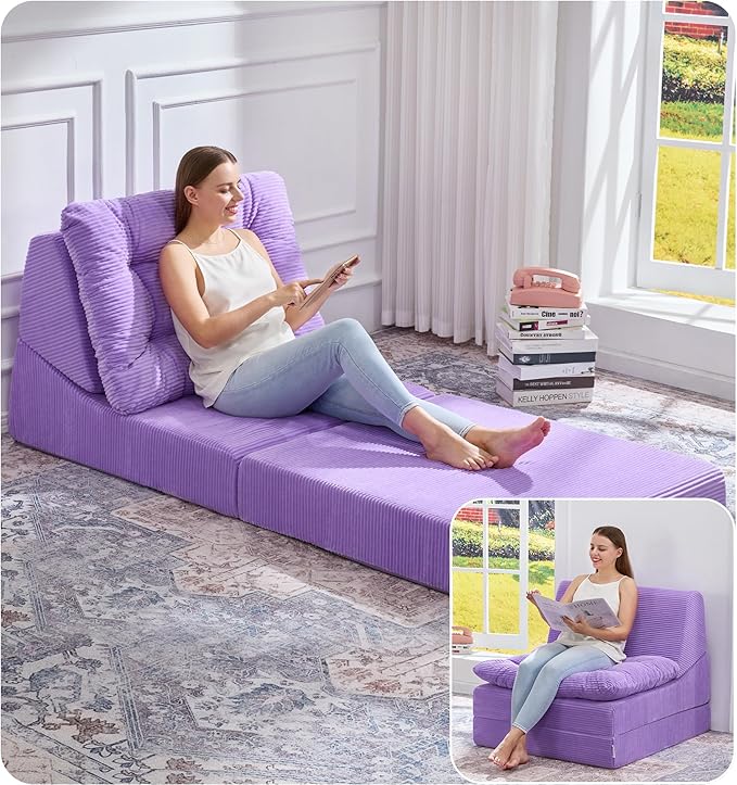 Hobestluk Sofa Couch Folding Sofa Bed Comfy Floor Lounger Convertible Sofa with Removable Cushion Couches for Small Spaces Foldable Mattress for Living Room Bedroom or Office (Cordury Purple, Large)