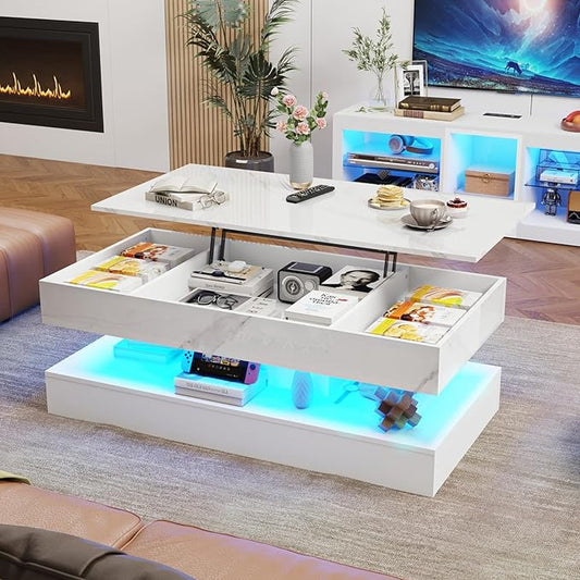 47.2" Large Lift Top Coffee Table, Modern LED High Glossy Coffee Table with Charging Station, Lights, Hidden Compartment Storage, Lift Center Tables for Living Room, Home Office, White