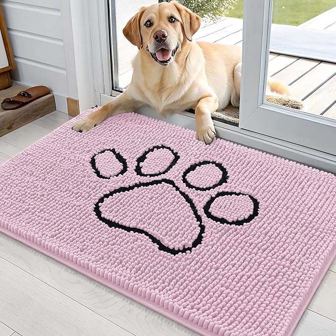 OLANLY Dog Door Mat for Muddy Paws 36x24, Paw Print Design, Absorbs Moisture and Dirt, Non-Slip Washable Doormat, Quick Dry Chenille Mud Mat for Dogs, Entry Indoor Entryway Carpet, Dusty Rose by OLANLY