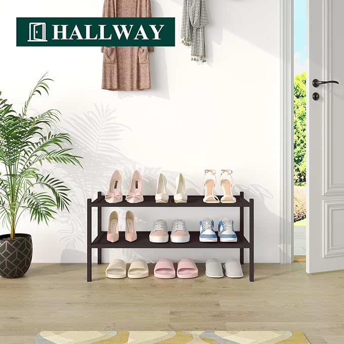 Smiry Bamboo Shoe Rack, 2 Tier Shoe Organizer for Entryway & Closet, Stackable Free Standing Storage Shelf for Shoes, Bags & Plants, Brown - Image 4