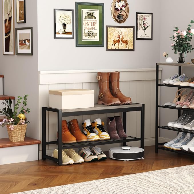 HOMEFORT 2 Tiers Shoe Bench, Retro Industrial Shoe Storage Bench with Mesh Shelf and Sturdy Metal Frame, Metal Shoe Rack Bench for Hallway, Mudroom, Living Room, Washed Gray - Image 5