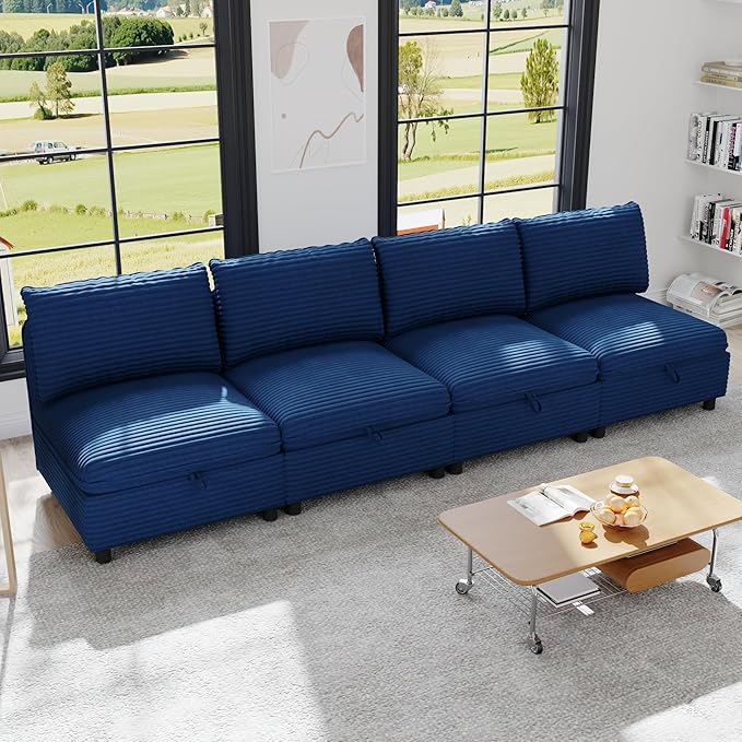 ERYE Modern Modular Storage Sectional Sofa, U/L Shaped Corduroy Modular Sofa Couch W/Movable Ottoman & Seat, 4 Seater Corduroy Upholstered Sofa Couch for Living Room
