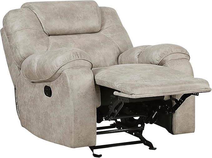 Lexicon Manual Glider Recliner Chair, Polished Microfiber Upholstered Manual Tab Pull Reclining Nursery Chair for Living Room, Pillow Top Armrest, Padded Headrest, Easy Assembly, Pewter