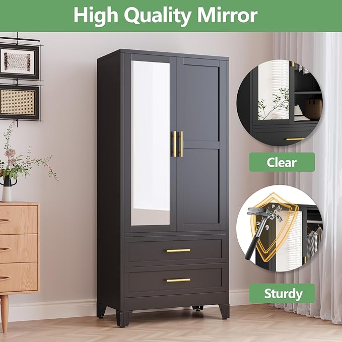 Ckzbx 71" H Metal Armoire Wardrobe Closet with Mirror, Adjustable Shelve, Clothes Drying Pole, Steel Wardrobe Cabinet for Bedroom (Black 2 Drawers)