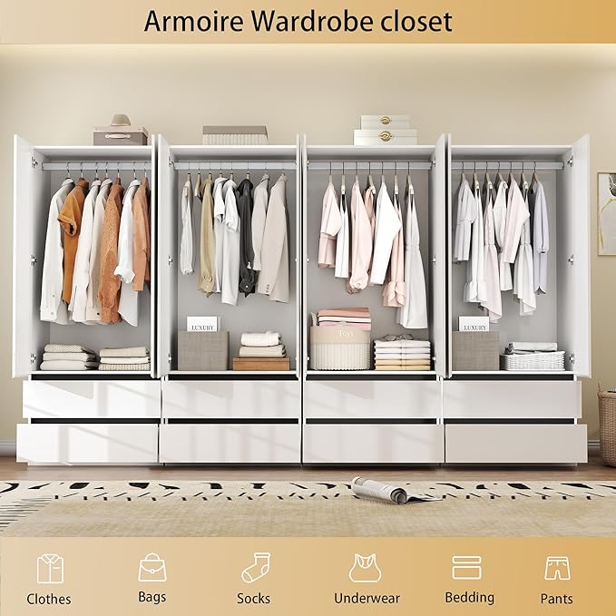 Large Wardrobe Closet with 8 Doors: 75" White Armoire with 8 Drawers, Wooden Wardrobe for Hanging Clothes, Tall Storage Cabinet with Shelves and Hanging Rod (A+A+A+A, 126")