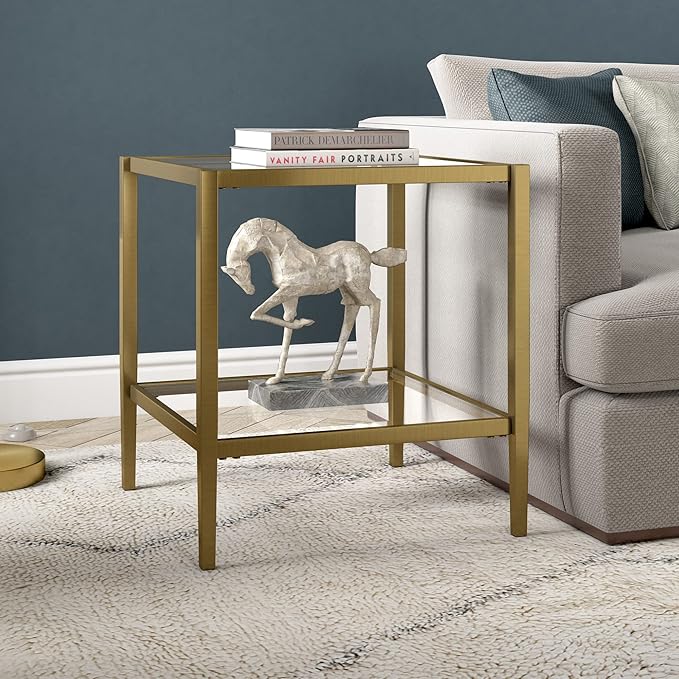 Henn&Hart 20" Wide Square Side Table with Glass Shelf in Antique Brass, Table for Living Room, Bedroom