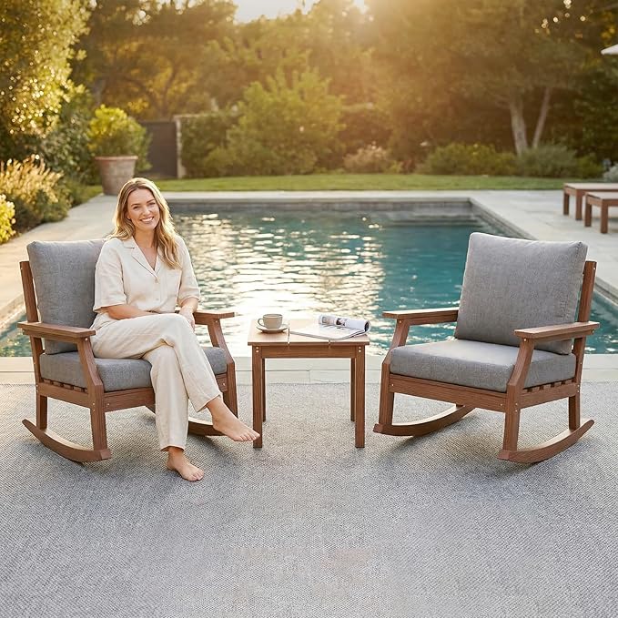 HDPE Patio Conversation Set, 3-Piece All Weather Outdoor Furniture Set with 2 Rocking Sofas for Deck, Lawn, with Cushion, Brown
