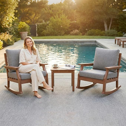 HDPE Patio Conversation Set, 3-Piece All Weather Outdoor Furniture Set with 2 Rocking Sofas for Deck, Lawn, with Cushion, Brown
