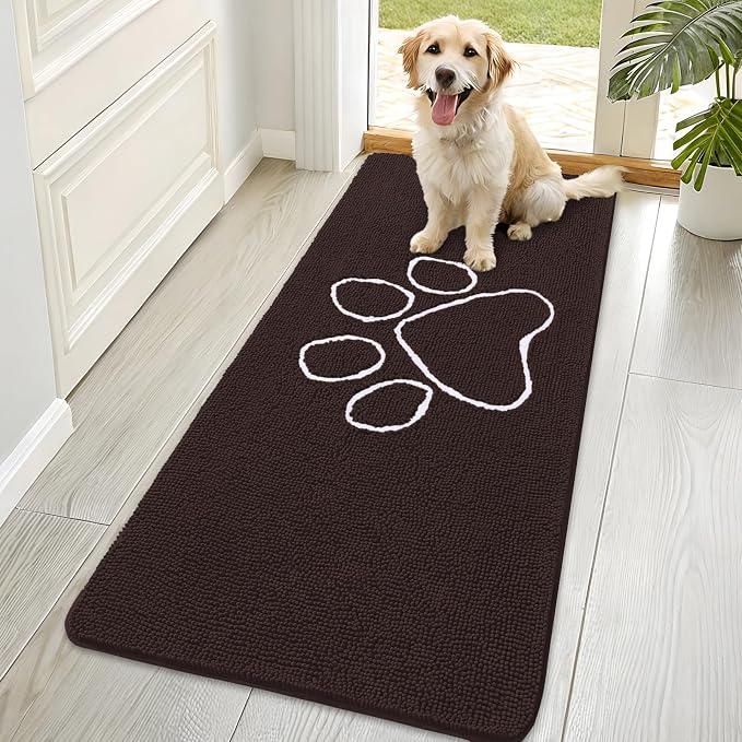 OLANLY Dog Door Mat for Muddy Paws 70x35, Paw Print Design, Absorbs Moisture and Dirt, Absorbent Non-Slip Washable Doormat, Quick Dry Chenille Mud Mat for Dogs, Entry Indoor Entryway Carpet, Brown by OLANLY
