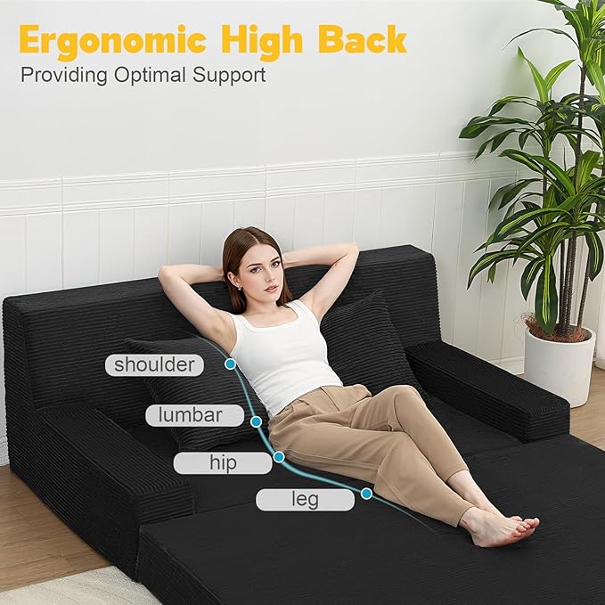 MeMoreCool Boneless Folding Sofa Bed Queen – Corduroy Convertible Futon Couch, 2-in-1 Floor Sleeper with Foam Support, Detachable Pillow & Washable Cover for Living Room, Guest Room, Apartment