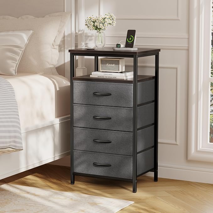 Huuger Night Stand with Charging Station, 4 Drawer Dresser for Bedroom, Bedside Table, 33.9 Inch Tall Nightstand with Open Shelf, End Table, for Closet, Entryway, Bedroom, Walnut - Image 6