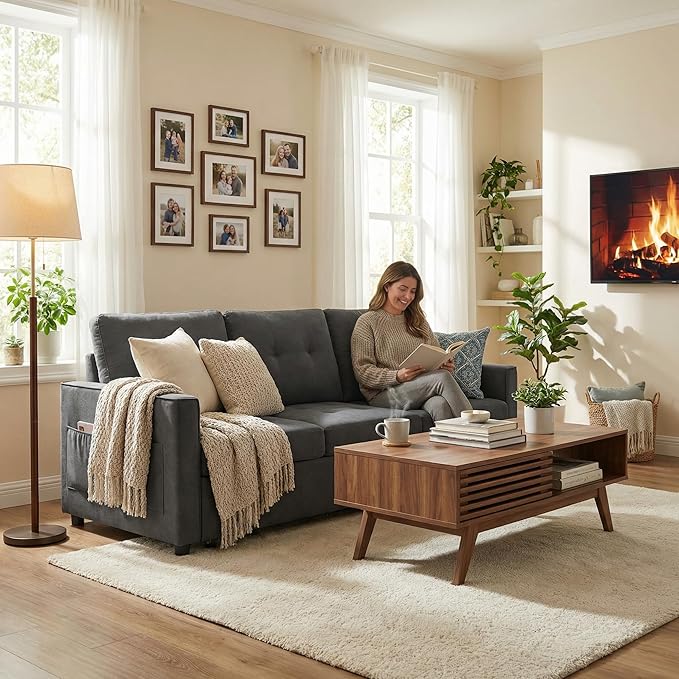 Casaphoria Pull Out Couch Bed, 3-in-1 Convertible Sleeper Sofa with Adjustable Backrest, Velvet Futon Loveseat with Side Pockets for Small Spaces, Living Room & Guest Room (Dark Grey)