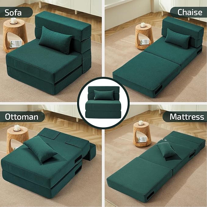 Folding Sofa Bed with Pillow- Convertible Chair Floor Couch & Sleeping Mattress, Foldable Memory Foam Sleeper for Living Room/Dorm/Guest Room/Home Office/Apartment/Loft, Single28, Dark Green