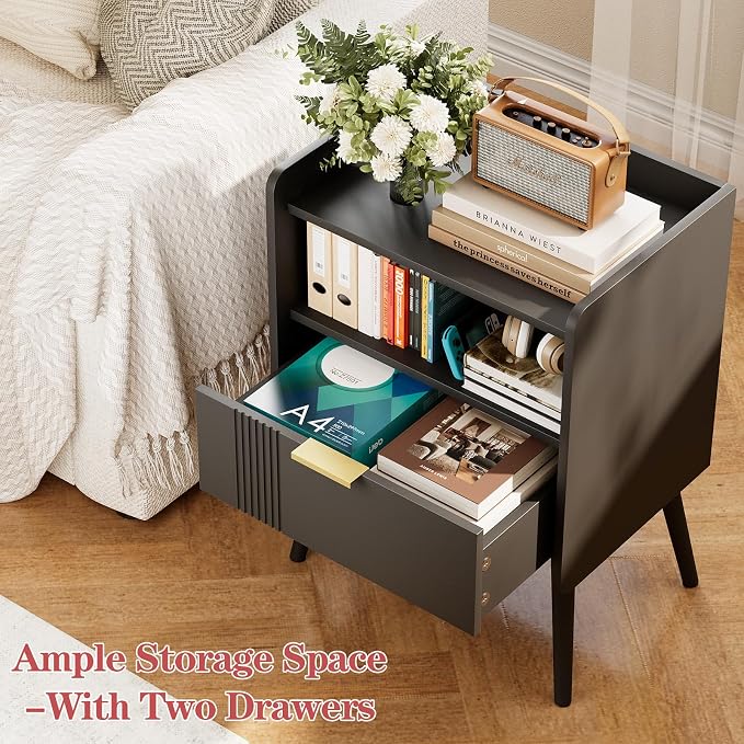 Aenuert Night Stand Modern End Table with Storage Drawer and Open Shelf, Small Bedside Stand, Wooden Sofa Side Table for Bedroom,Study Room and Small Spaces (Black) - Image 6