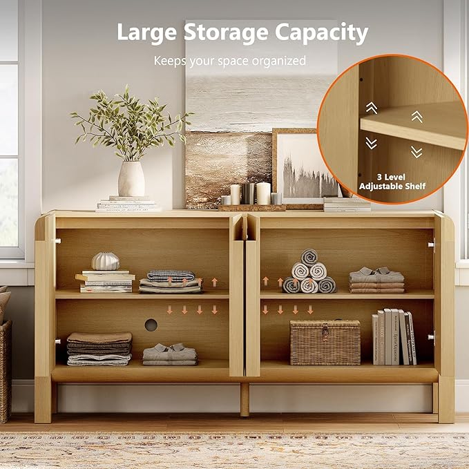 WAMPAT 2 Piece Bedroom Set, Modern 63" Wide Dresser Cabinet and Nightstand Set with Charging Station,Wood Storage Closet Chest with Curved Profile Handles for Bedroom,Oak