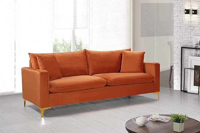 Meridian Furniture 633Cognac-S Naomi Collection Modern | Contemporary Velvet Upholstered Sofa with Deep Channel Tufting and Rich Gold Stainless Steel Legs, Cognac, 81.5" W x 33.5" D x 30" H
