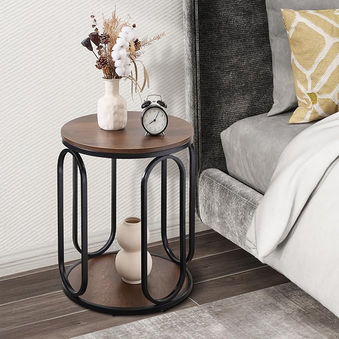 BECHAEO Small Side Table, 19.7" 2-Tier Round Bedside Table with Storage, Wood Industrial Design End Tables for Living Room, Bedroom, Office, Bathroom, Classic Walnut