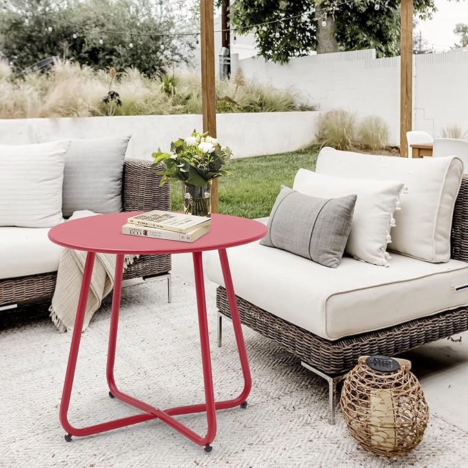 Meluvici Patio Small Side Table Waterproof Round Metal Steel Weather Resistant Portable Outdoor and Indoor End Table for Garden Balcony Yard, Red - Image 8