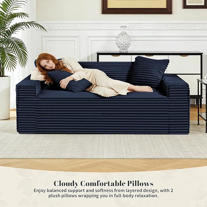 75" Cloud Loveseat Sofa, 26" Deep Seat Boneless Couches for Living Room, Modern 3 Seater Sofa with Throw Pillows, Corduroy Compression Sofa in Box, No Assembly Couch for Bedroom, Dorm, Dark Blue