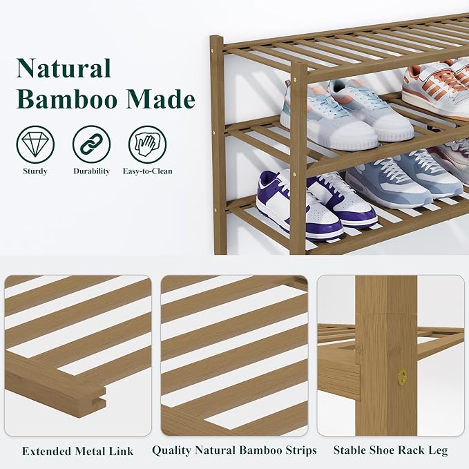 Smiry Shoe Rack, 2 Tier Thick Bamboo Shoe Organizer, Stackable Free Standing Wooden Shoe Storage Shelf for Closet, Entryway, Front Door Entrance, Walnut - Image 3