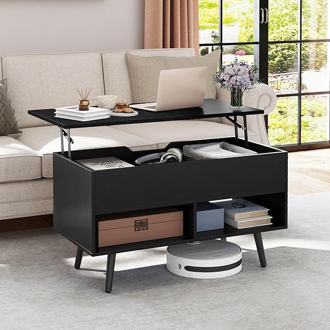 Giantex Lift Top Coffee Table, Modern Cocktail Table w/Hidden Compartment & 2 Open Shelves, Flip Top Center Table, Wooden Pull up Coffee Table for Living Room, Reception Room, Office (Black)