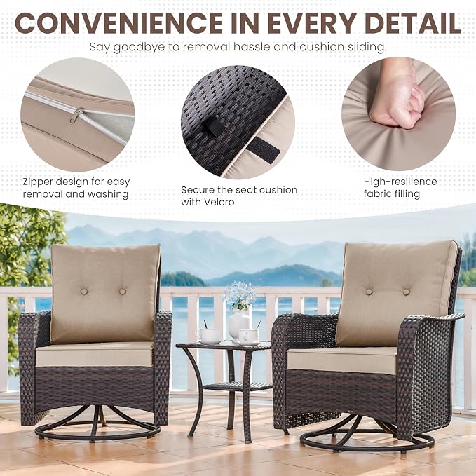 Gotland Outdoor Swivel Chairs Set of 2, 3 Pieces Patio Furniture Set with Thick Cushion, Wicker Rocking Patio Chairs Set of 2, Patio Bistro Set with Double-Layer Coffee Table for Balcony Porch Khaki - Image 7