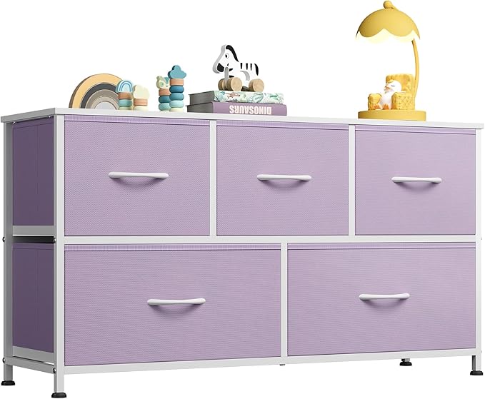 WLIVE Dresser for Bedroom with 5 Drawers, Wide Chest of Drawers, Fabric Dresser, Storage Organizer Unit with Fabric Bins for Closet, Living Room, Hallway, Purple by WLIVE