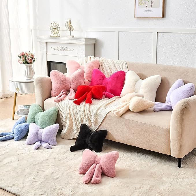 Red Bow Pillow,16'' Bow Decorative Pillows with Faux Rabbit Fur,Soft Bow Throw Pillows Aesthetic Bow Shaped Pillow for Bed Sofa Couch Home Decor