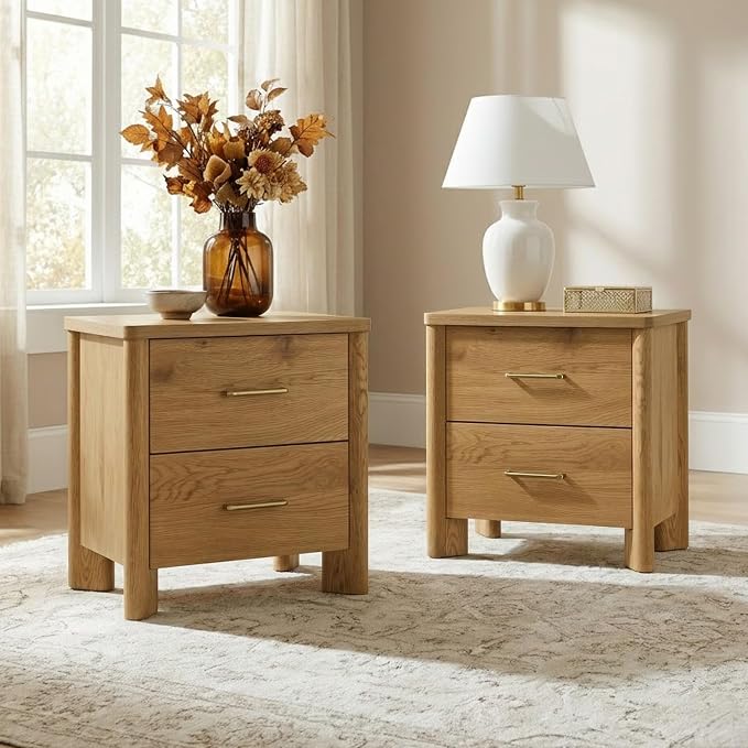 24/7 Shop at Home Sawer Modern 23-inch Wood Nightstand Set of 2 with 2 Drawers and USB Ports, Wooden Night Stand for Bedroom, Apartment, Small Bedside Table, Oak by 247SHOPATHOME