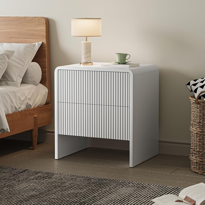 Set of 2 Curved Nightstand with 2 Drawers, Wooden Bedside Table with Push to Open Storage, Modern End Table for Bedroom, White - Image 3
