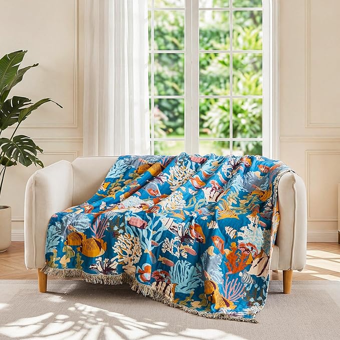 LUTBM Throw Blanket for Couch Sofa 100% Cotton Blankets for Bedroom Living Room Spring Soft All Season Reversible Underwater Ocean Life Embroidery Throws Coastal Home Decor 50"x60"