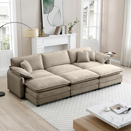 KEIKI 115" Oversized Corduroy Modular Sectional Sofa with 3 Ottoman, High-Density Foam Cushions, Removable Armrests, Upholstered 3-Seater Fluffy Corner Couch with 5 Pillow, for Living Room, Tan