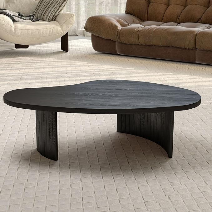Mid Century Modern Black Wood Coffee Table with Fluted Base, Irregular Mango Top Coffee Table, Minimalist Accent Table for Living Room & Small Apartments
