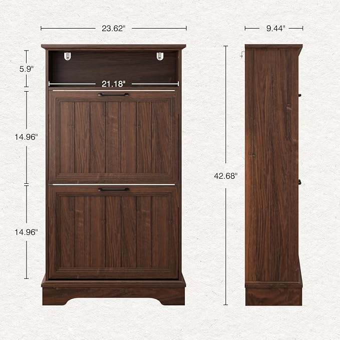 Shoe Storage Cabinet with 2 Flip Drawers, 24" W Farmhouse Modern Hidden Shoes Rack Cabinet with Adjustable Shelves & Open Storage, Narrow Slim Shoe Organizer for Front Door Entrance, Entryway, Walnut - Image 2