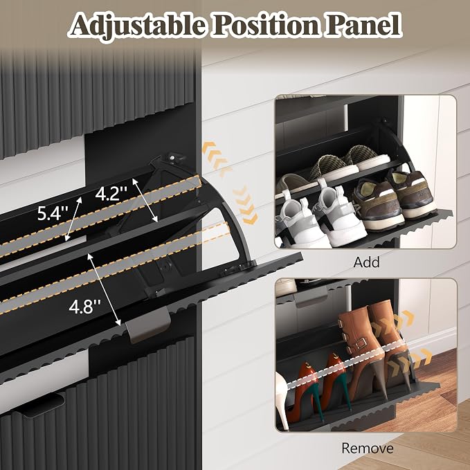 Shoe Cabinet Storage for Entryway with 3 Flip Drawers, Fluted Narrow Shoe Organizer with Wooden Legs, Freestanding Slim Shoe Storage Hidden Shoe Rack Organizer for Front Door Entrance, Hallway, Black - Image 4
