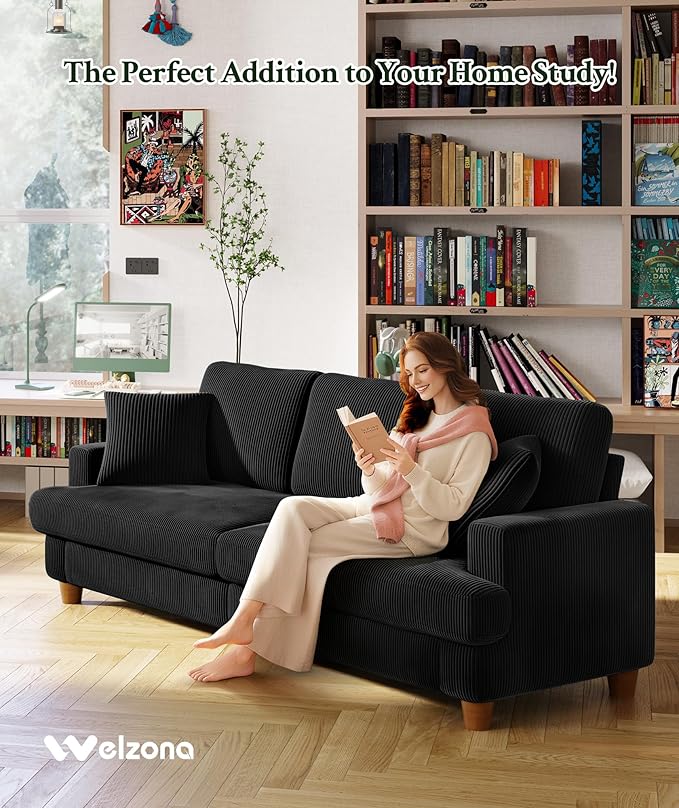 87.2" Couches for Living Room, Comfy Black Couch 7.5" Extra Thick Cushion, Sofas for Living Room Tool-Free Setup, Loveseat Sofa 848lbs Support, Corduroy Couch for Bedroom, Apartment, Office
