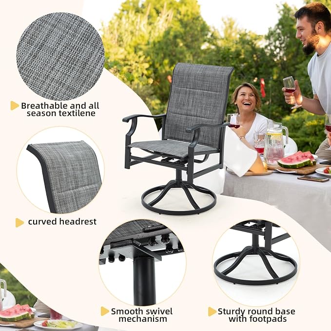BUPPLEE Patio Dining Set for 6, 6 Piece Patio Swivel Chairs with 1 Piece Large Mental Rectangular Dining Table for Backyard Front Porch Pool Deck,Gray - Image 3