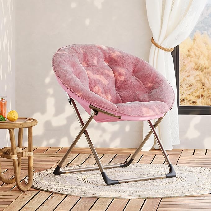 GAOMON Saucer Chair, Comfy Chair Faux Fur Lounge Moon Chair with Folding Metal Frame, Oversized Plush Flower Accent Seat for Adults, Teens & Kids, for Teens, Bedroom, Dorm or Living Room, Rose Pink