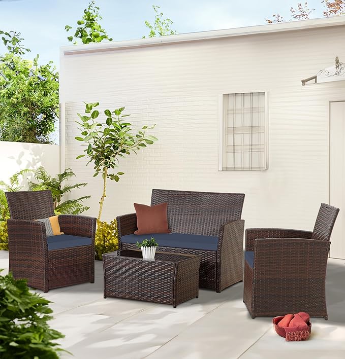 Patio Outdoor Furniture 4 Pieces Sectional Sofa Set Balcony Furniture Wicker Rattan Chairs with Table and Loveseat for Garden, Porch, Backyard, Brown Wicker/Blue Cushion