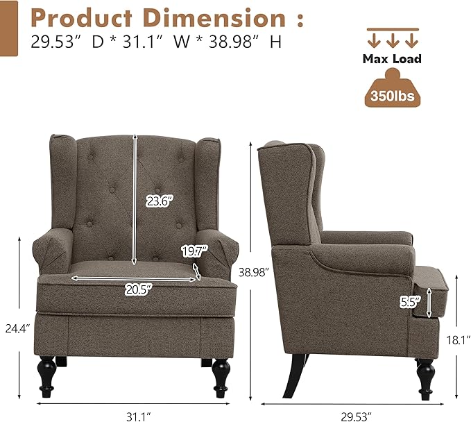 Accent Chair Set of 2, Mid Century Modern Fabric Wingback Chair, Upholstered Armchair with High Back and Vintage Legs, Comfy Single Sofa Side Reading Chair for Living Room Bedroom, Brown