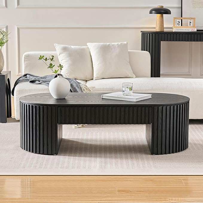 Oval Coffee Table with Storage Pedestal 51.18" Wooden Fluted Coffee Table with Drawer for Living Room Modern Handcrafted Centre Table Easy Assembly Black