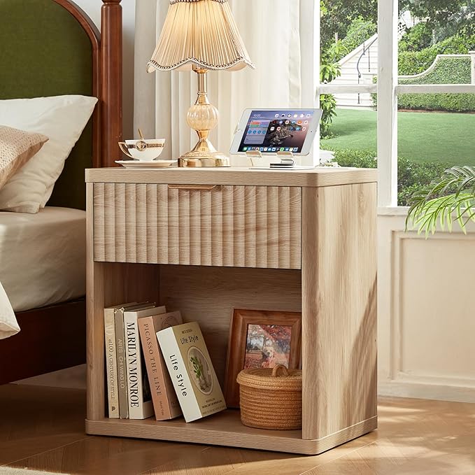 LEYAOYAO Fluted Nightstand with Charging Station, 23" Wide 1 Drawers End Table,Natural Night Stand with Open Storage Cabinet, Farmhouse Bed Side Tables, Wood Dresser for Bedroom, Living Room, Closet - Image 4