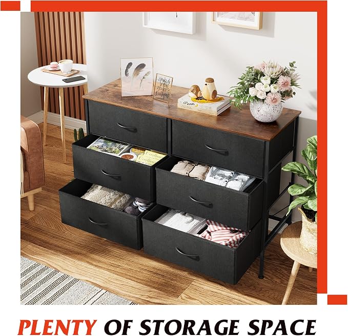 WLIVE Black Dresser for Bedroom with 6 Drawers, Dresser TV Stand for 50 Inches TV with Metal Frame, Wooden Top, Fabric Dresser for Closet, Hallway, Entryway, Black and Rustic Brown - Image 5