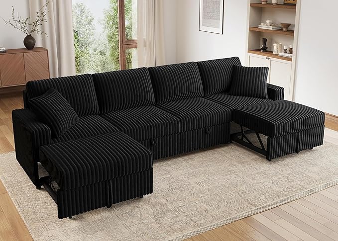 HONBAY 121.3 Inch Modular Sectional Sofa, L & U Shaped Pull Out Couch with Adjustable Backrest & Storage, Velvet Black