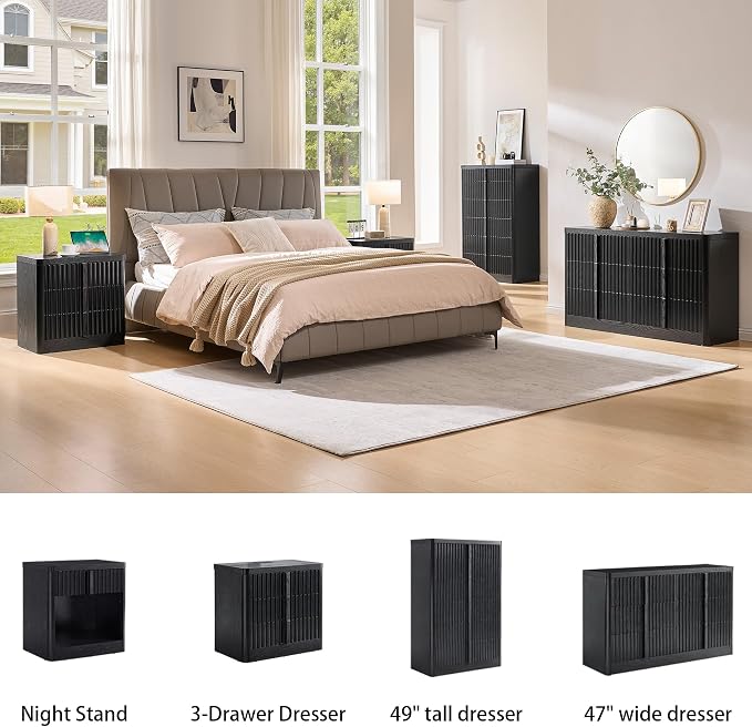 YANSNWO Black Fluted Dresser for Bedroom, 48.6" Tall 6 Drawer Dresser, Curved Profile Design, Modern Wooden Chest of Drawers with Solid Wood Handle for Living Room, Bedroom - Image 4