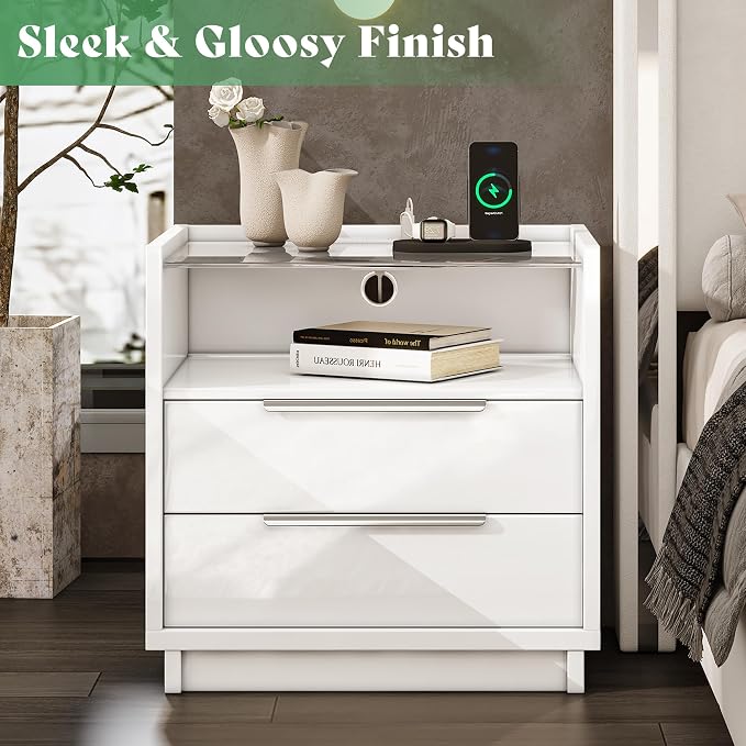 AMERLIFE Nightstand, 23.6" End Table with Charging Station, Modern High Gloss Bedside Table with Glass Top, Spacious Drawers & Open Shelf, Easy Assembly, Bedroom Storage, White - Image 5