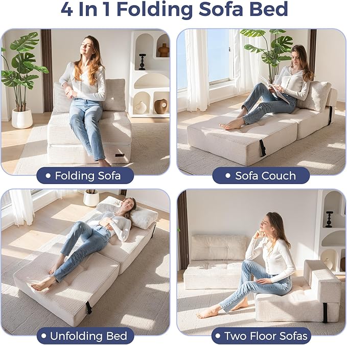 MAXYOYO Folding Sofa Bed, Convertible Sofa Bed with High-Density Support Foam, Portable 4 in 1 Fold Out Chair to Floor Lounger, Versatile Floor Couch for Living Room Bedroom, Beige